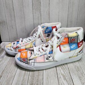 Nike Blazer Mid Patchwork Sneaker Shoes Men's Sz 9.5 White Swoosh Black Stitch